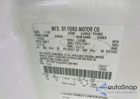 2008 Ford F-150 Stx/Xl/Xlt из США, поврежденный, VIN 1FTRF12228KC26180